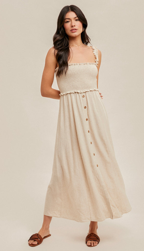 Cypress Smocked Button Front Midi Dress- Oatmeal