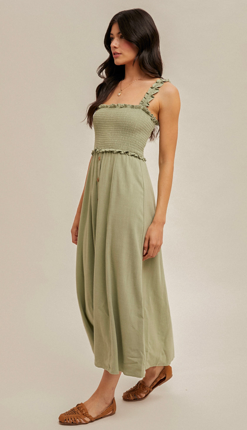 Cypress Smocked Button Front Midi Dress- Cactus Green Cypress Smocked Button Front Midi Dress- Cactus Green