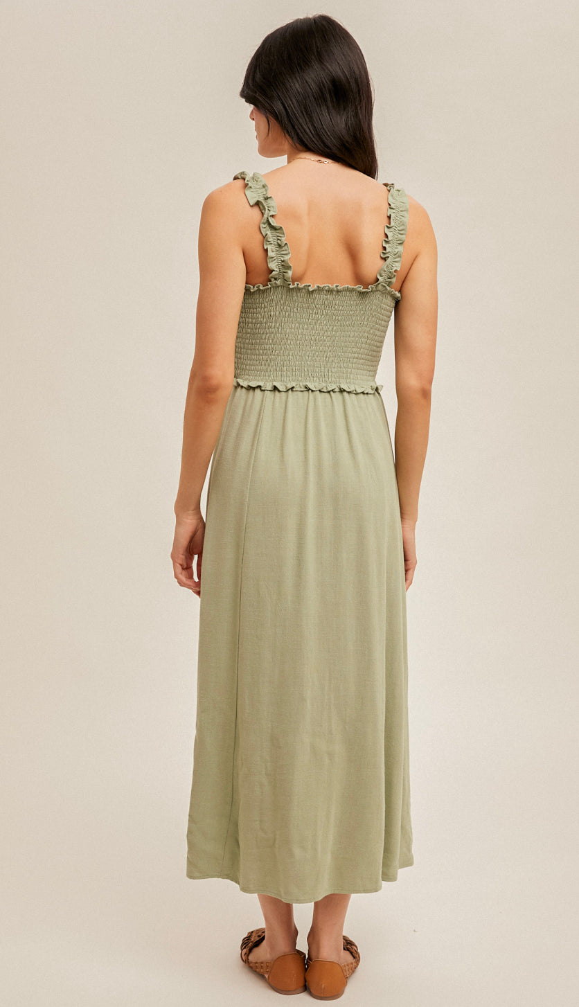 Cypress Smocked Button Front Midi Dress- Cactus Green Cypress Smocked Button Front Midi Dress- Cactus Green