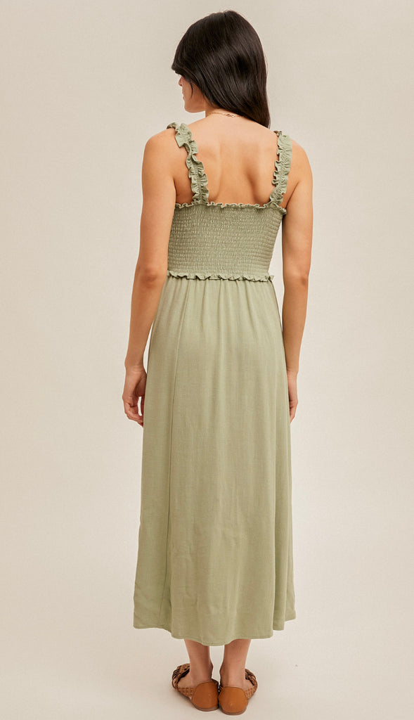 Cypress Smocked Button Front Midi Dress- Oatmeal