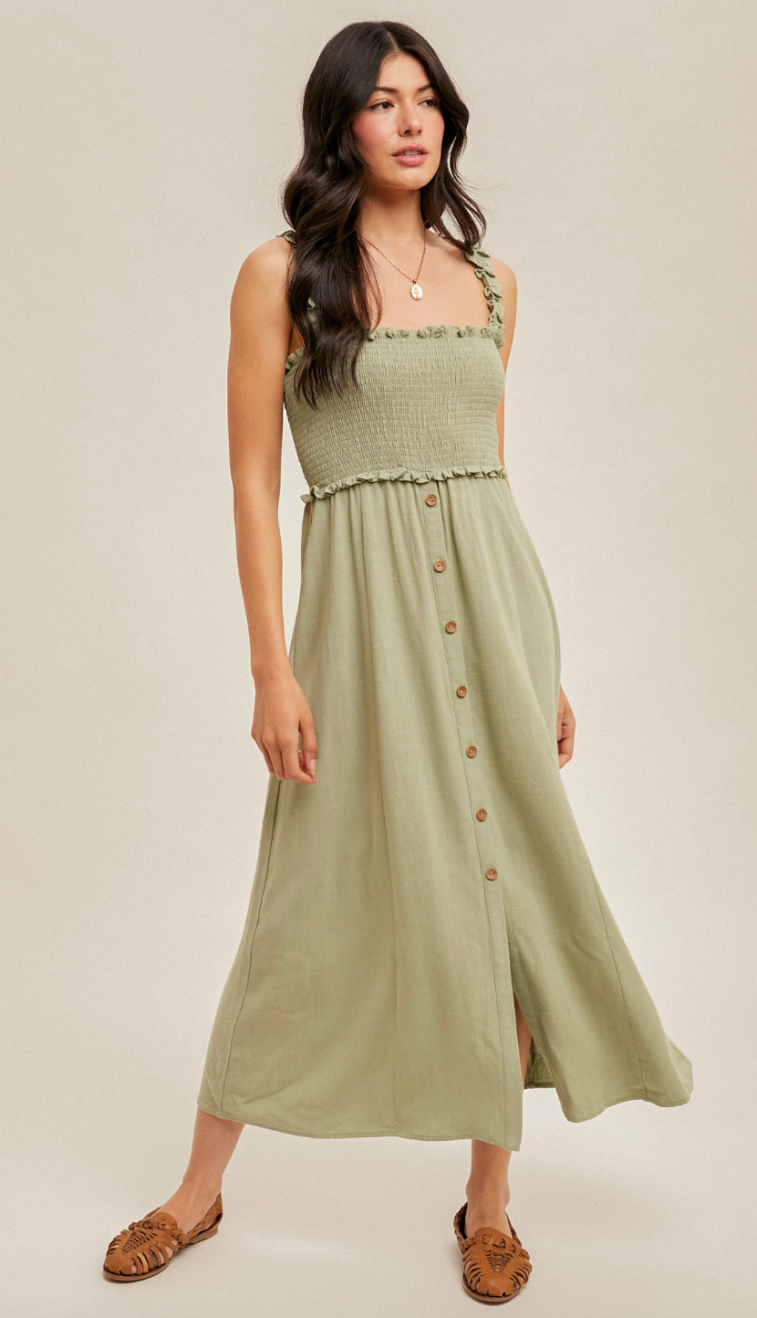 Cypress Smocked Button Front Midi Dress- Cactus Green Cypress Smocked Button Front Midi Dress- Cactus Green