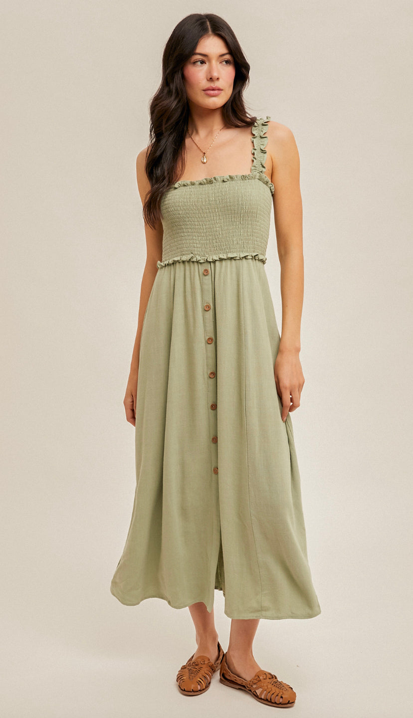 Cypress Smocked Button Front Midi Dress- Cactus Green Cypress Smocked Button Front Midi Dress- Cactus Green