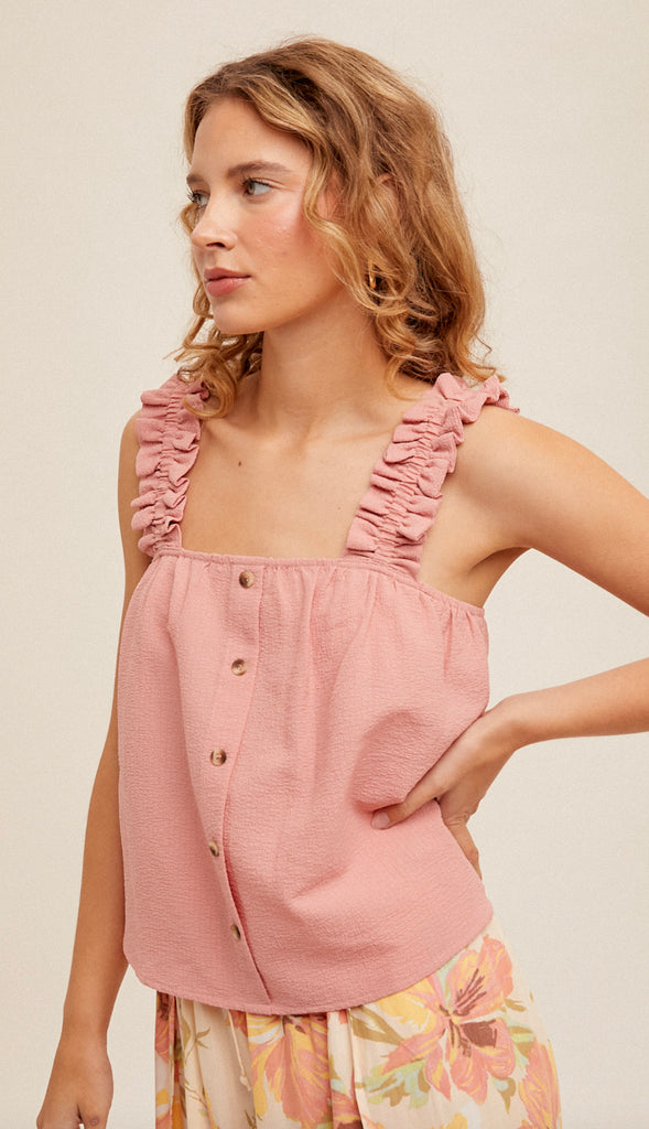 Misty Front Button Ruffle Tank- Pink