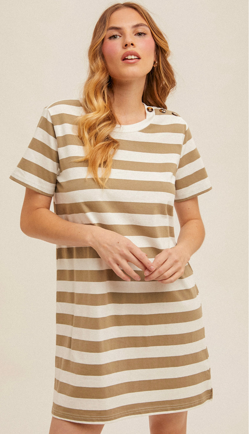 Jenna Stripe T Shirt Dress- Dusty Olive