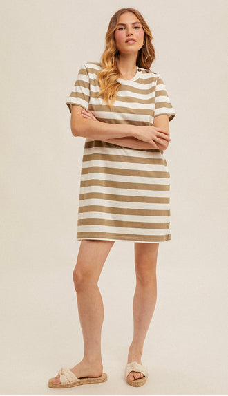 Jenna Stripe T Shirt Dress- Dusty Olive