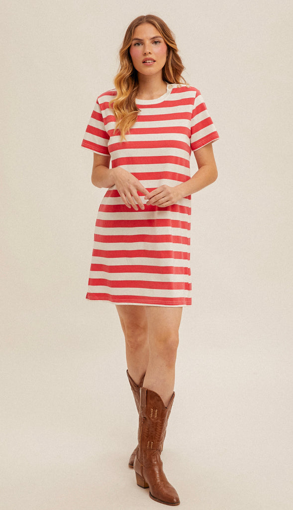 Jenna Stripe T Shirt Dress- Watermelon Pink