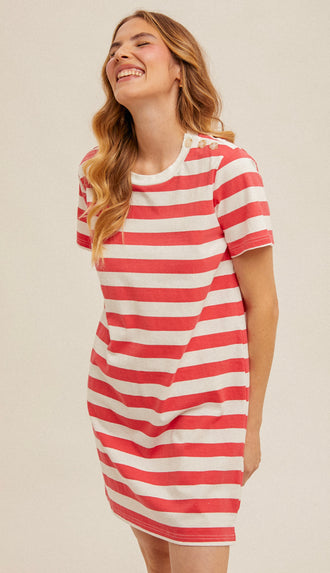 Jenna Stripe T Shirt Dress- Watermelon Pink
