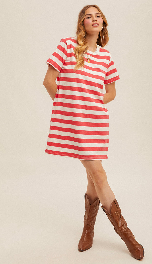 Jenna Stripe T Shirt Dress- Watermelon Pink