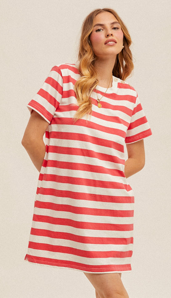 Jenna Stripe T Shirt Dress- Watermelon Pink