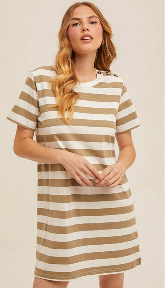 Jenna Stripe T Shirt Dress- Dusty Olive