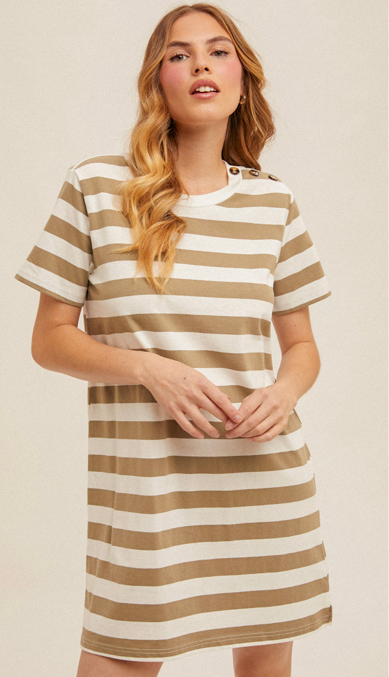 Jenna Stripe T Shirt Dress- Dusty Olive