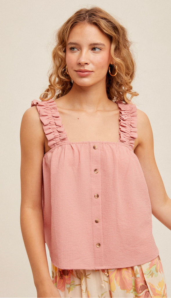 Misty Front Button Ruffle Tank- Pink
