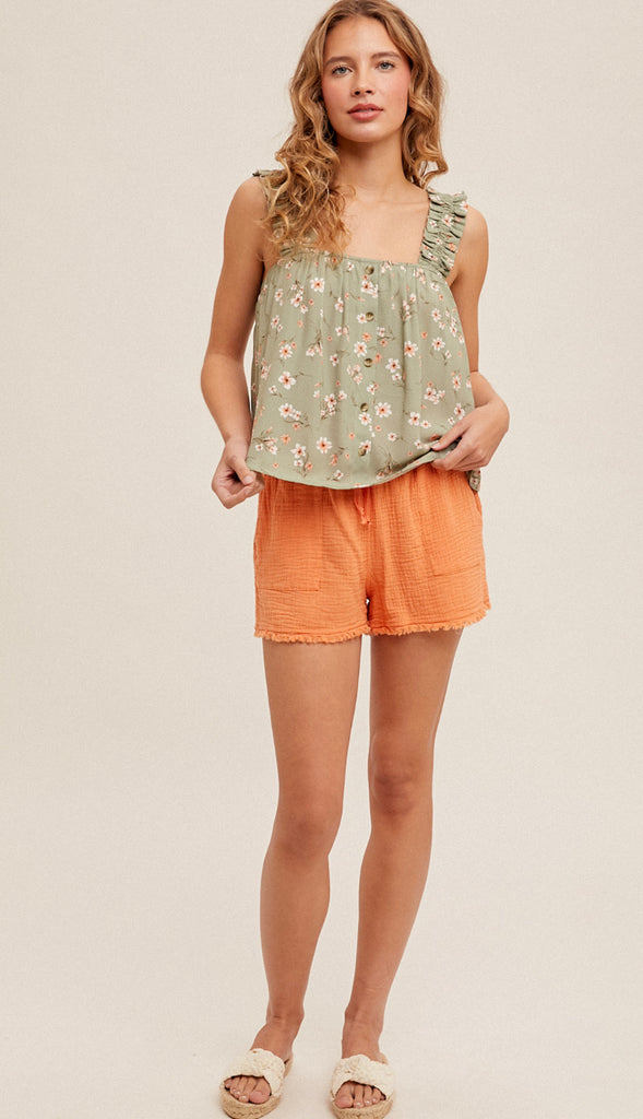 Misty Front Button Floral Tank- Sage