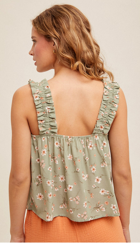 Misty Front Button Floral Tank- Sage