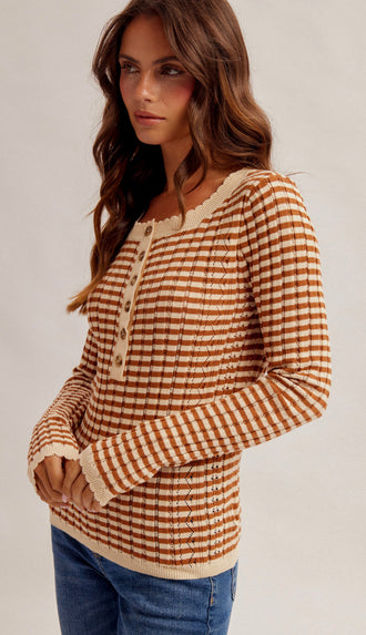 Pumpkin Patch Pointelle Stripe Henley Top- Rust