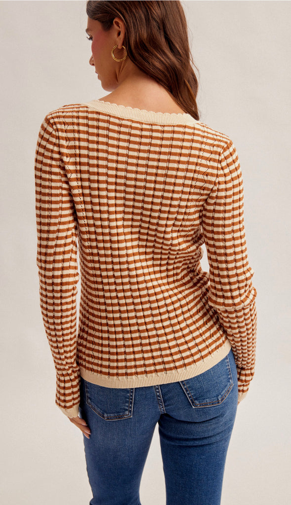 Pumpkin Patch Pointelle Stripe Henley Top- Rust