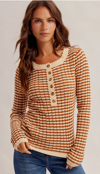 Pumpkin Patch Pointelle Stripe Henley Top- Rust