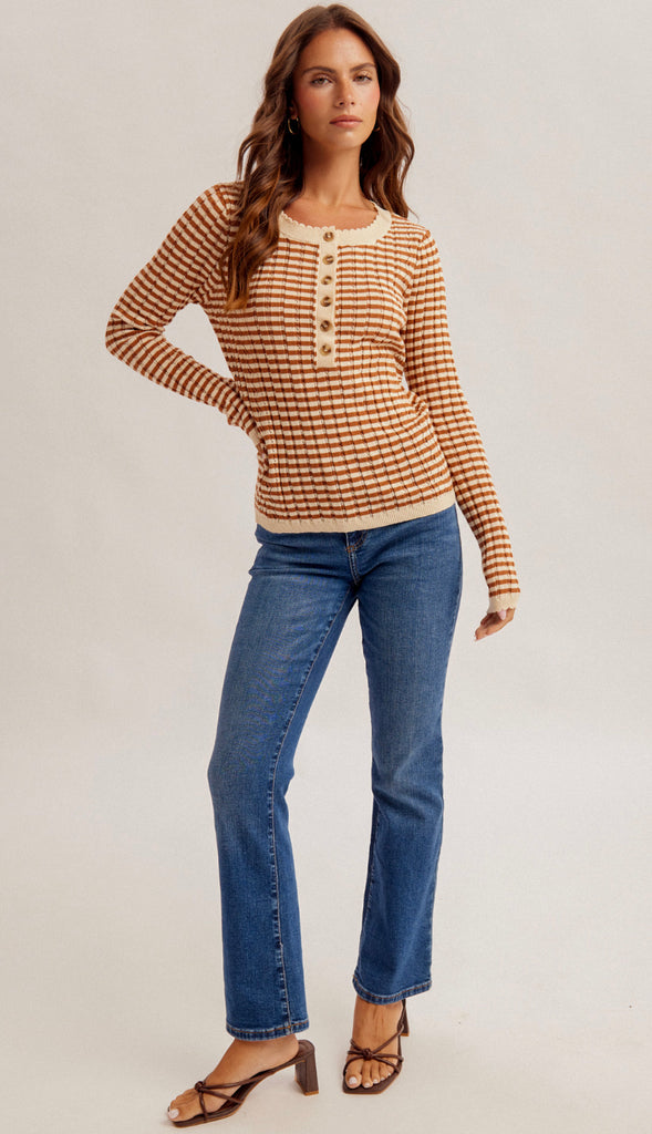 Pumpkin Patch Pointelle Stripe Henley Top- Rust