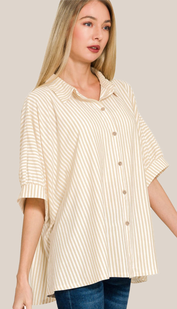 Shore Thing Oversized Striped Button Shirt- Taupe