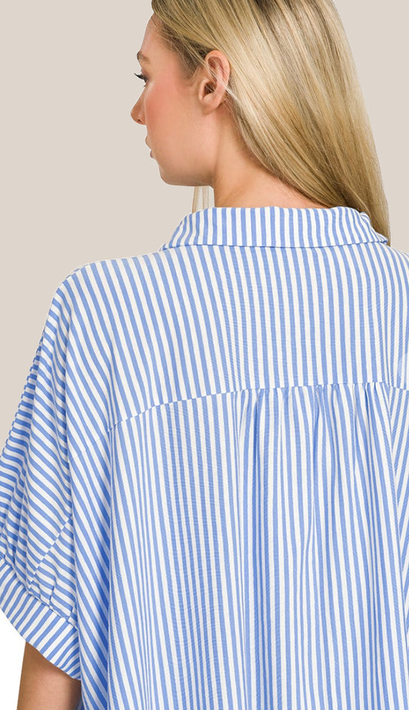 Shore Thing Oversized Striped Button Shirt- Taupe