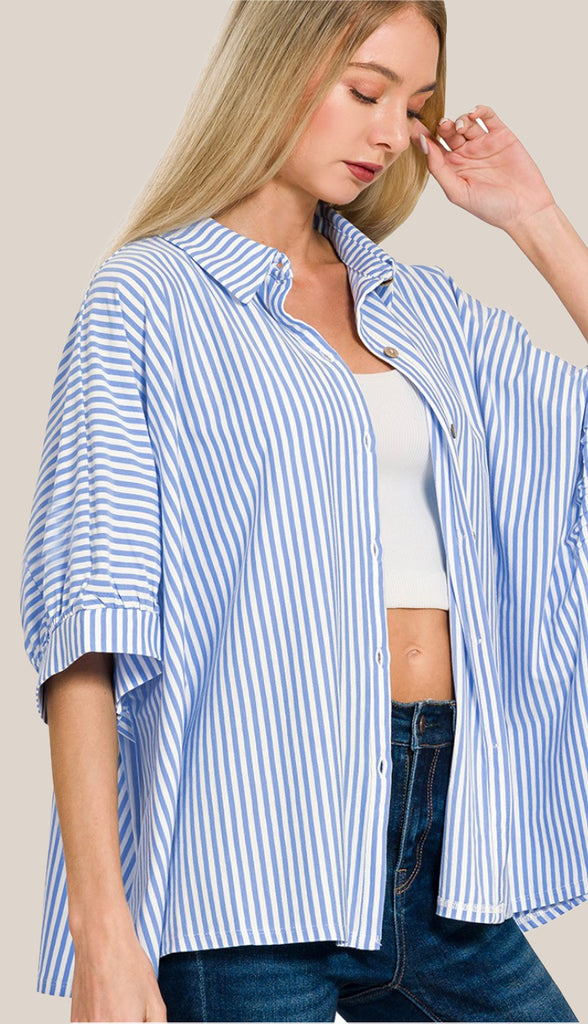 Shore Thing Oversized Striped Button Shirt- Taupe