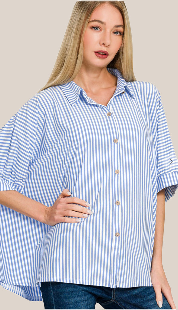 Shore Thing Oversized Striped Button Shirt- Ocean Blue