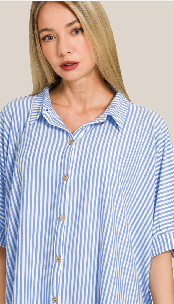 Shore Thing Oversized Striped Button Shirt- Taupe