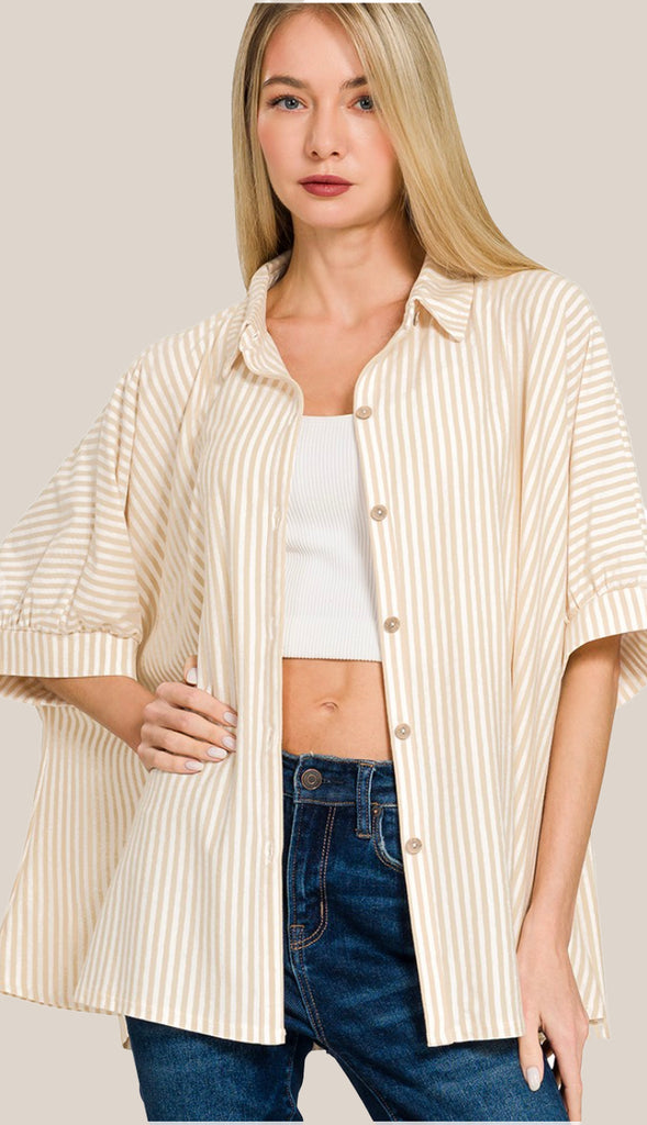 Shore Thing Oversized Striped Button Shirt- Taupe