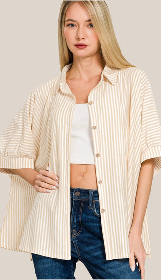 Shore Thing Oversized Striped Button Shirt- Taupe
