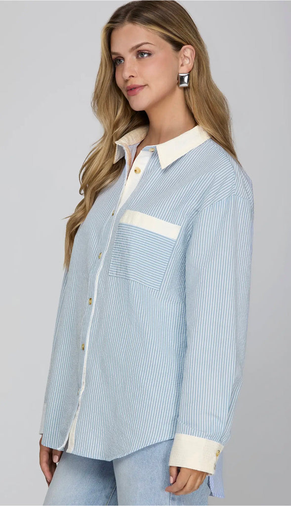Colette Button Down Striped Shirt- Blue