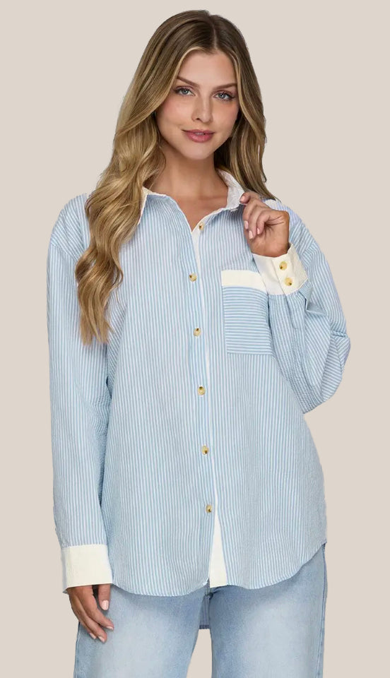 Colette Button Down Striped Shirt- Blue