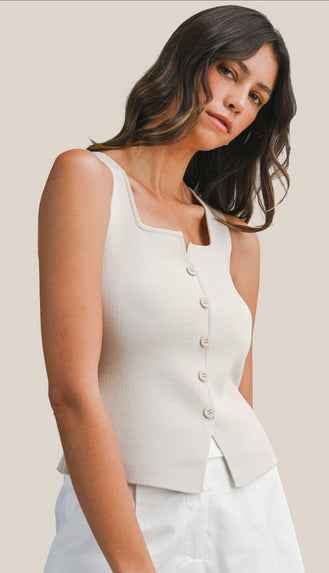 Becca Notched Neckline Button Front Tank- Lt Taupe
