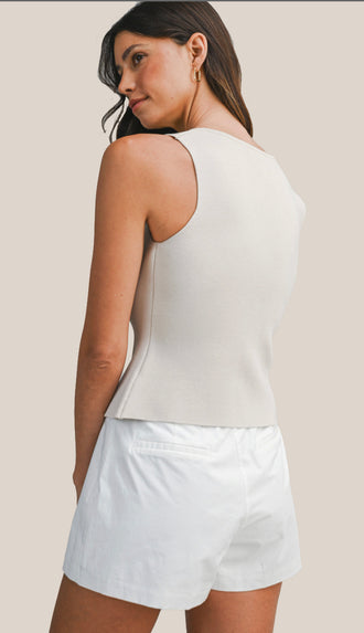 Becca Notched Neckline Button Front Tank- Lt Taupe