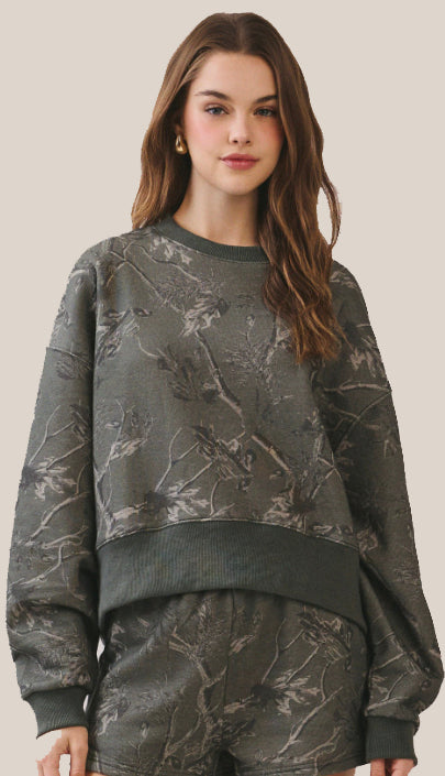 Camouflage Print Dropped Shoulders Sweatshirt- Olive