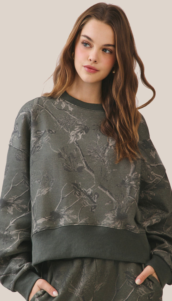 Camouflage Print Dropped Shoulders Sweatshirt- Olive