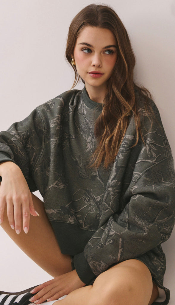 Camouflage Print Dropped Shoulders Sweatshirt- Olive