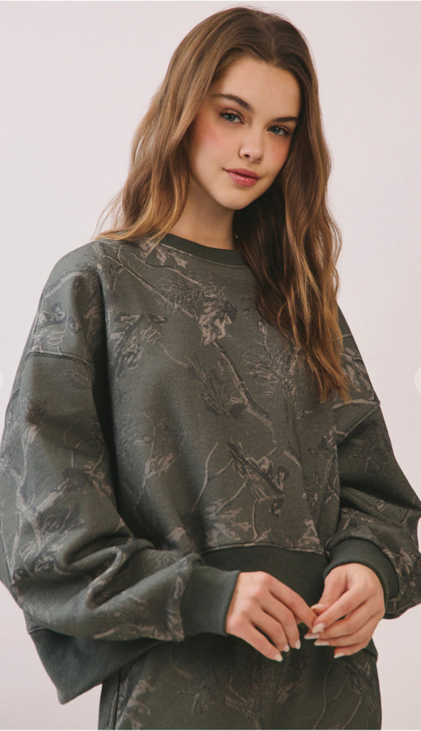Camouflage Print Dropped Shoulders Sweatshirt- Olive