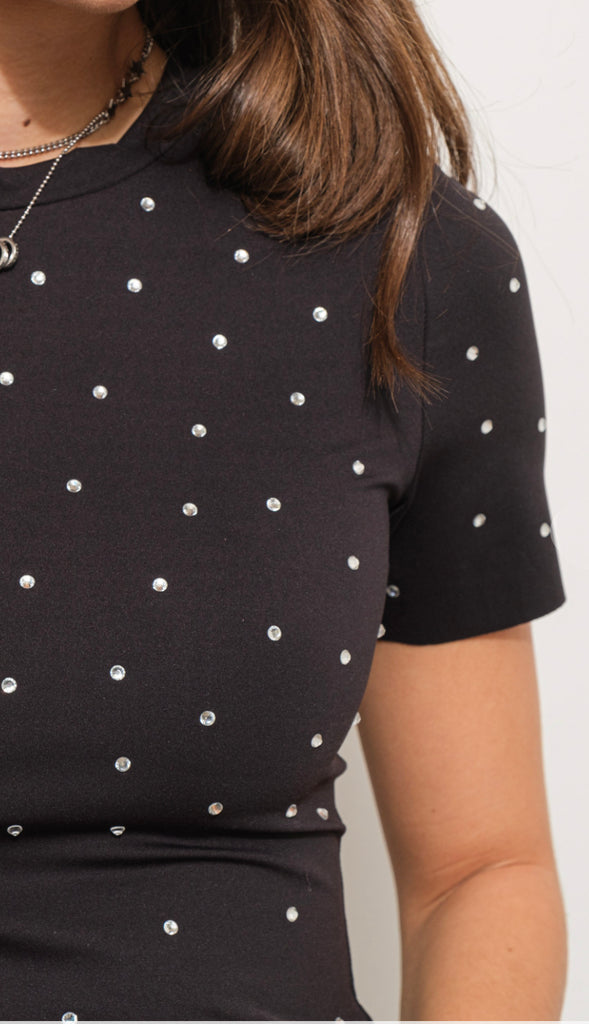 Lancie Cap Sleeve Rhinestone Bodysuit- Black