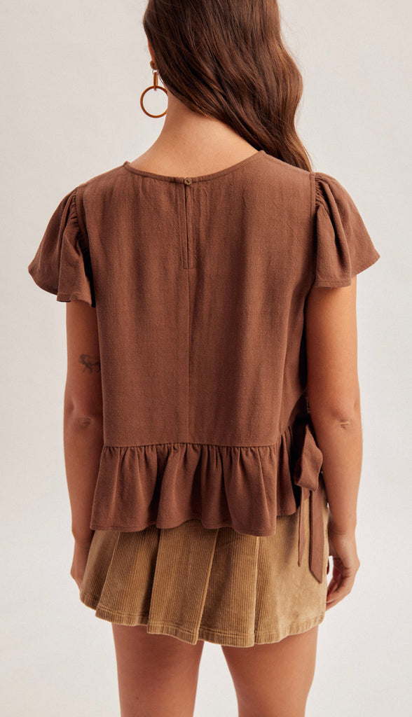 Lydia Flutter Sleeves Top- Brown