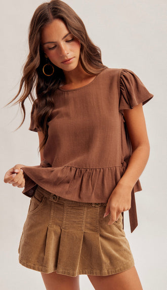 Lydia Flutter Sleeves Top- Brown