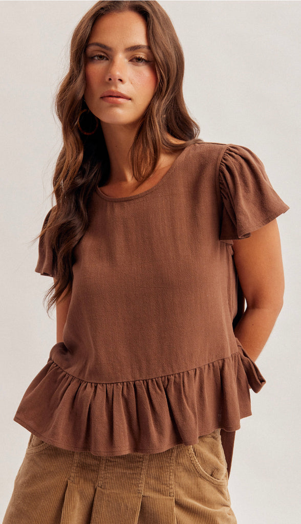 Lydia Flutter Sleeves Top- Brown