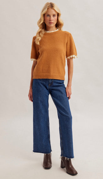 Autumn Beauty Lace Edge Lightweight Half Sleeve Sweater- Caramel