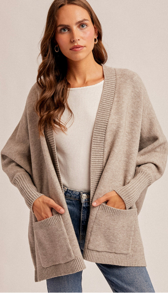 Chrissy Dolman Sleeve Open Cardigan- Taupe