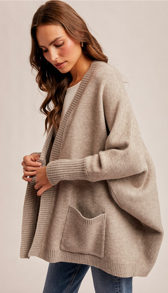 Chrissy Dolman Sleeve Open Cardigan- Taupe