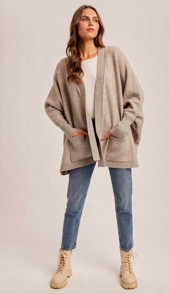 Chrissy Dolman Sleeve Open Cardigan- Taupe