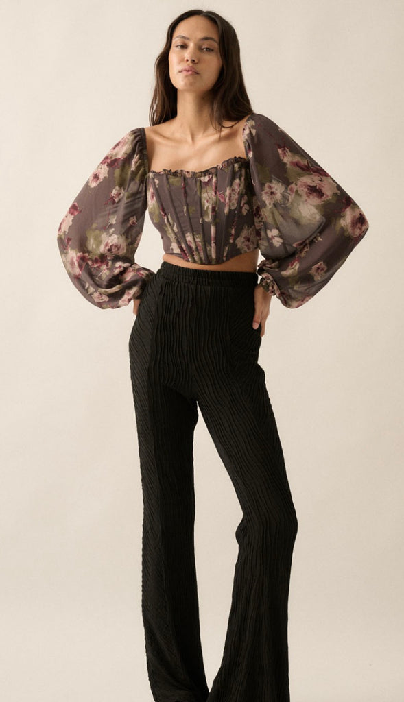 Adaline Floral Corset Crop Blouse- Charcoal