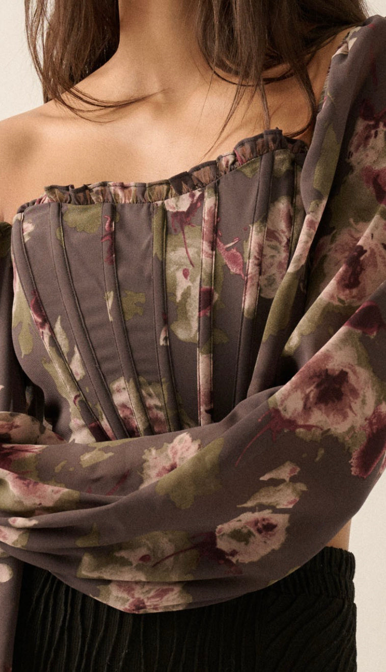 Adaline Floral Corset Crop Blouse- Charcoal