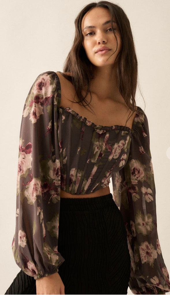 Adaline Floral Corset Crop Blouse- Charcoal