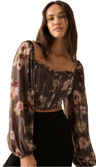 Adaline Floral Corset Crop Blouse- Charcoal