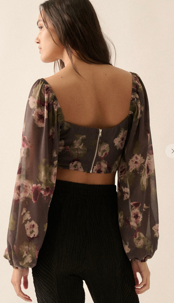 Adaline Floral Corset Crop Blouse- Charcoal
